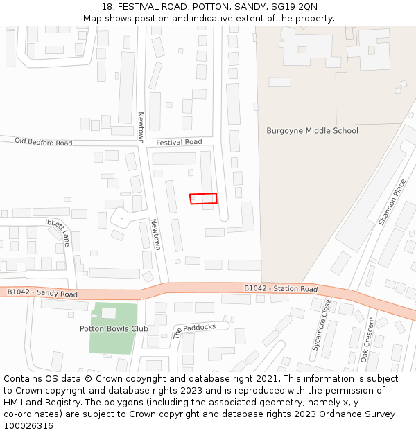 18, FESTIVAL ROAD, POTTON, SANDY, SG19 2QN: Location map and indicative extent of plot