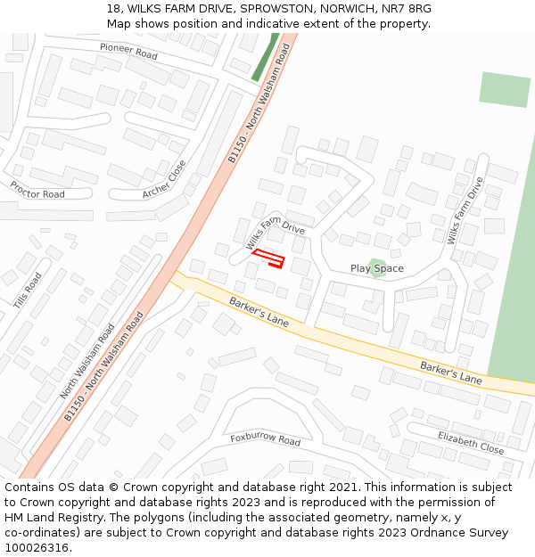 18, WILKS FARM DRIVE, SPROWSTON, NORWICH, NR7 8RG: Location map and indicative extent of plot