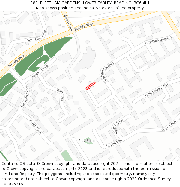 180, FLEETHAM GARDENS, LOWER EARLEY, READING, RG6 4HL: Location map and indicative extent of plot