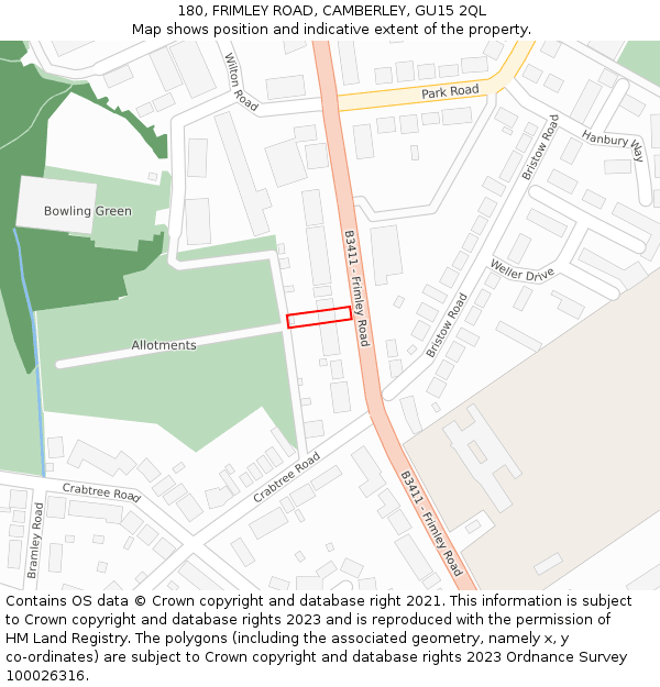180, FRIMLEY ROAD, CAMBERLEY, GU15 2QL: Location map and indicative extent of plot