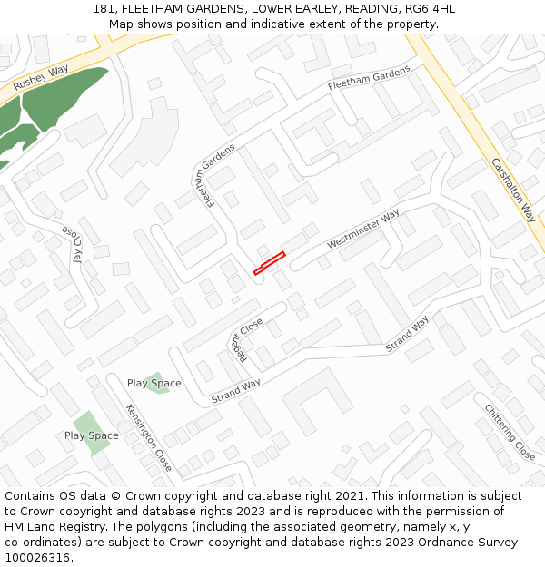 181, FLEETHAM GARDENS, LOWER EARLEY, READING, RG6 4HL: Location map and indicative extent of plot