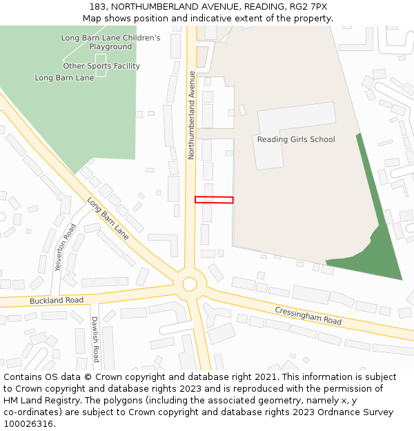 183, NORTHUMBERLAND AVENUE, READING, RG2 7PX: Location map and indicative extent of plot
