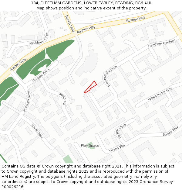 184, FLEETHAM GARDENS, LOWER EARLEY, READING, RG6 4HL: Location map and indicative extent of plot