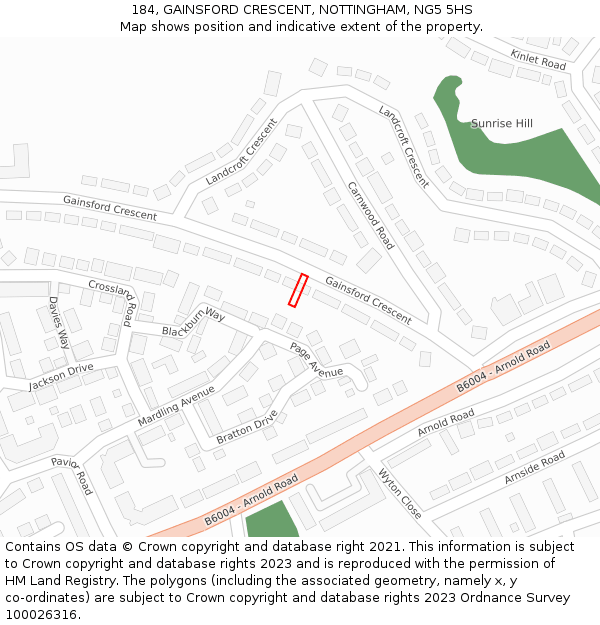 184, GAINSFORD CRESCENT, NOTTINGHAM, NG5 5HS: Location map and indicative extent of plot