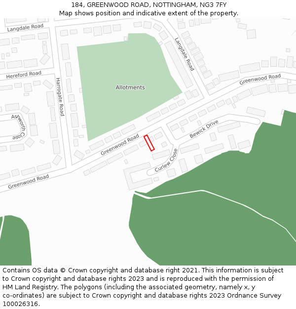 184, GREENWOOD ROAD, NOTTINGHAM, NG3 7FY: Location map and indicative extent of plot