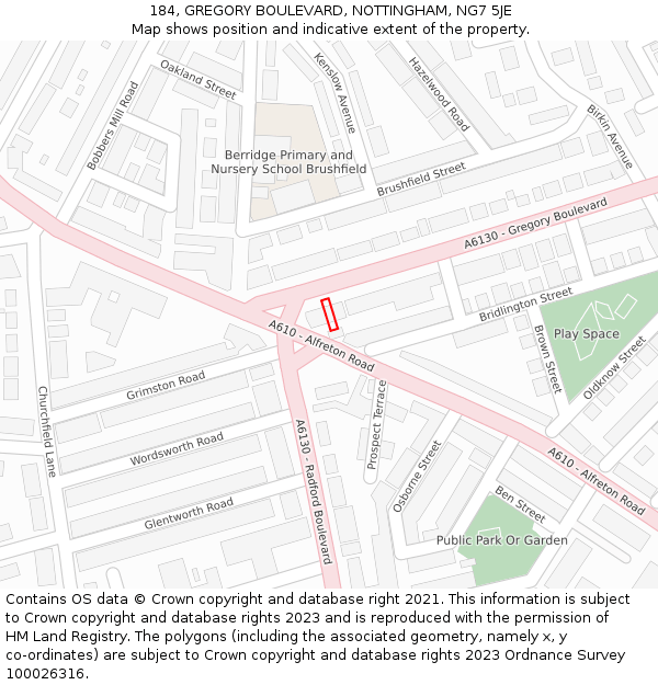 184, GREGORY BOULEVARD, NOTTINGHAM, NG7 5JE: Location map and indicative extent of plot