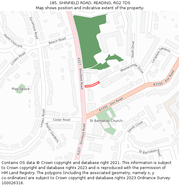 185, SHINFIELD ROAD, READING, RG2 7DS: Location map and indicative extent of plot