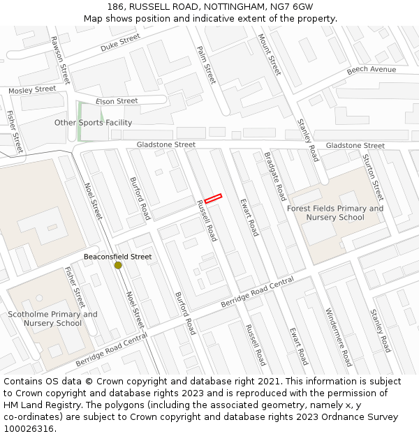 186, RUSSELL ROAD, NOTTINGHAM, NG7 6GW: Location map and indicative extent of plot