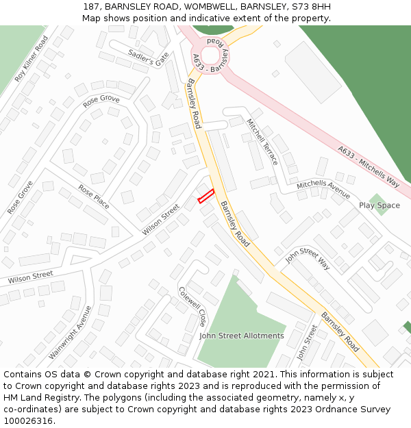 187, BARNSLEY ROAD, WOMBWELL, BARNSLEY, S73 8HH: Location map and indicative extent of plot
