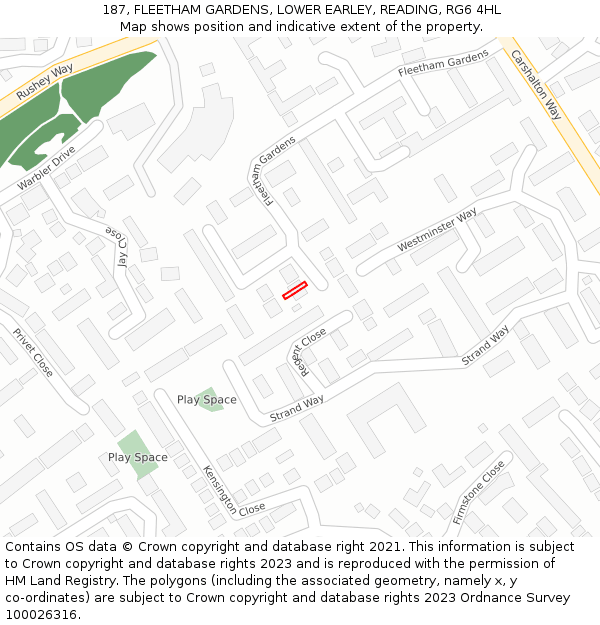 187, FLEETHAM GARDENS, LOWER EARLEY, READING, RG6 4HL: Location map and indicative extent of plot