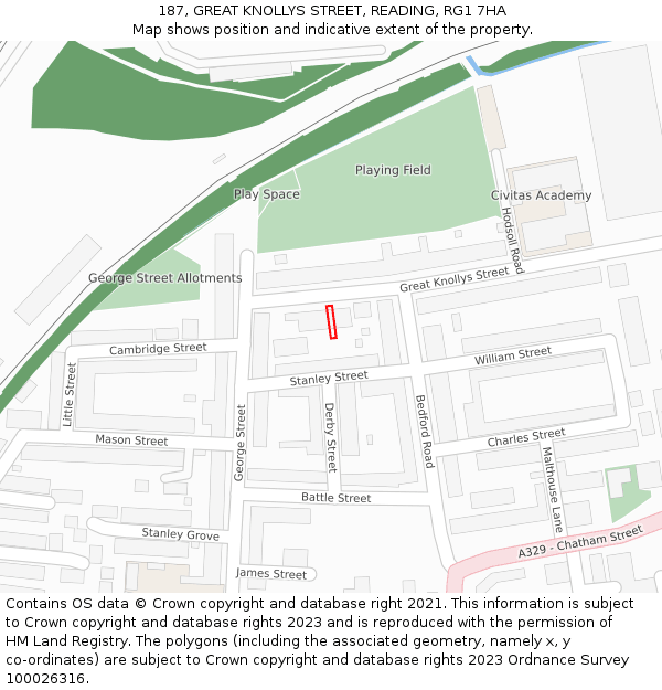 187, GREAT KNOLLYS STREET, READING, RG1 7HA: Location map and indicative extent of plot