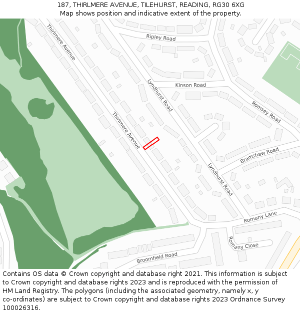 187, THIRLMERE AVENUE, TILEHURST, READING, RG30 6XG: Location map and indicative extent of plot
