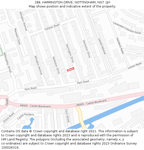 188, HARRINGTON DRIVE, NOTTINGHAM, NG7 1JH: Location map and indicative extent of plot