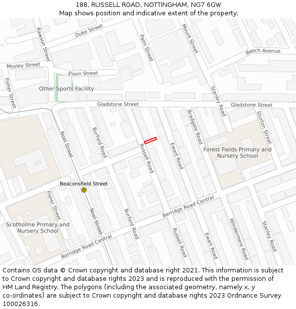 188, RUSSELL ROAD, NOTTINGHAM, NG7 6GW: Location map and indicative extent of plot