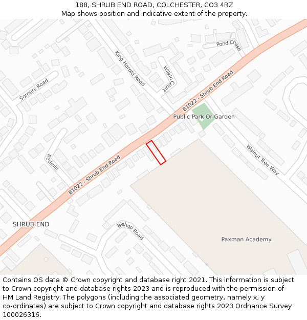 188, SHRUB END ROAD, COLCHESTER, CO3 4RZ: Location map and indicative extent of plot