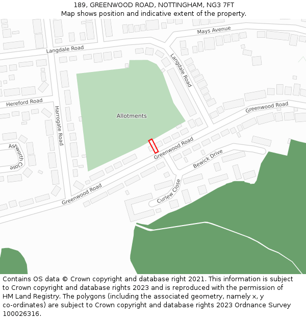 189, GREENWOOD ROAD, NOTTINGHAM, NG3 7FT: Location map and indicative extent of plot