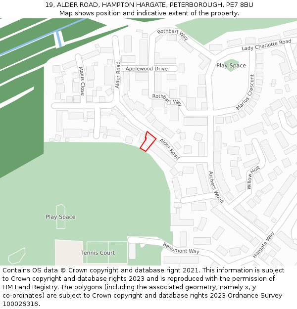 19, ALDER ROAD, HAMPTON HARGATE, PETERBOROUGH, PE7 8BU: Location map and indicative extent of plot