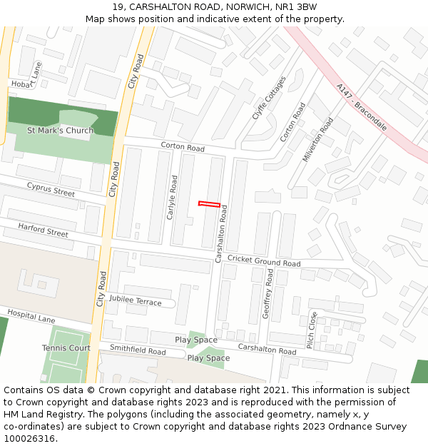 19, CARSHALTON ROAD, NORWICH, NR1 3BW: Location map and indicative extent of plot