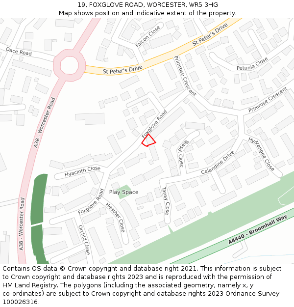 19, FOXGLOVE ROAD, WORCESTER, WR5 3HG: Location map and indicative extent of plot