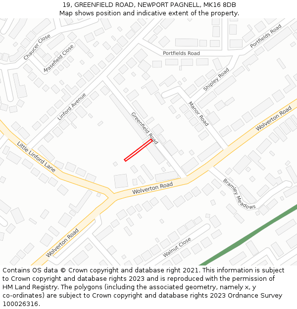 19, GREENFIELD ROAD, NEWPORT PAGNELL, MK16 8DB: Location map and indicative extent of plot
