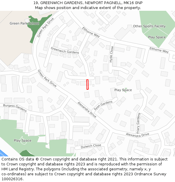 19, GREENWICH GARDENS, NEWPORT PAGNELL, MK16 0NP: Location map and indicative extent of plot