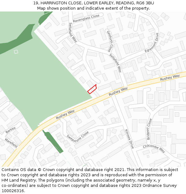 19, HARRINGTON CLOSE, LOWER EARLEY, READING, RG6 3BU: Location map and indicative extent of plot