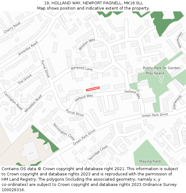 19, HOLLAND WAY, NEWPORT PAGNELL, MK16 0LL: Location map and indicative extent of plot
