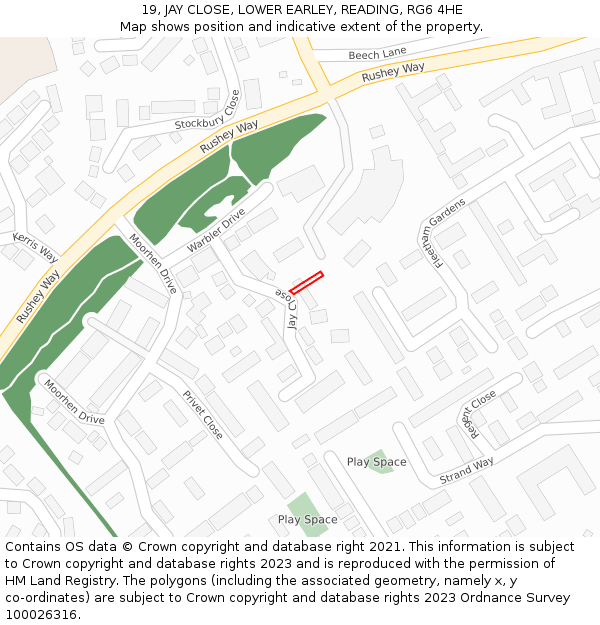 19, JAY CLOSE, LOWER EARLEY, READING, RG6 4HE: Location map and indicative extent of plot