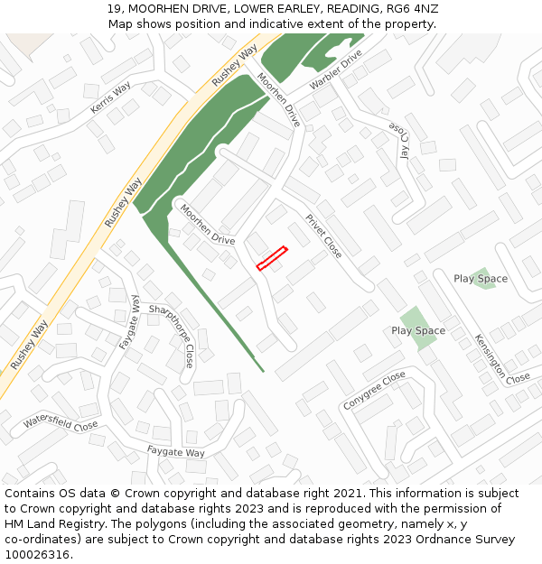 19, MOORHEN DRIVE, LOWER EARLEY, READING, RG6 4NZ: Location map and indicative extent of plot