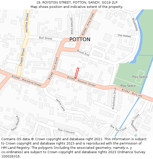 19, ROYSTON STREET, POTTON, SANDY, SG19 2LP: Location map and indicative extent of plot