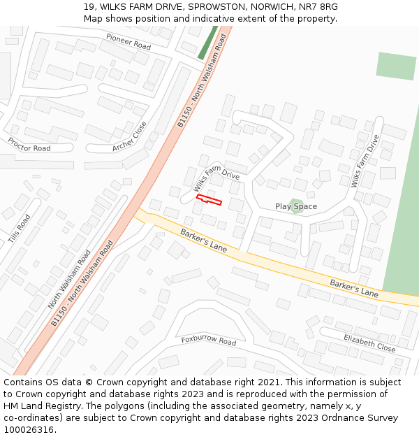 19, WILKS FARM DRIVE, SPROWSTON, NORWICH, NR7 8RG: Location map and indicative extent of plot