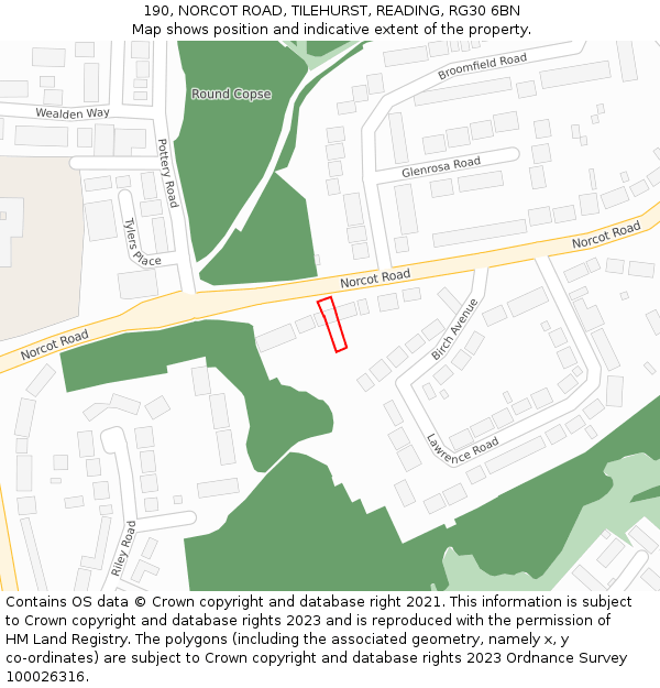 190, NORCOT ROAD, TILEHURST, READING, RG30 6BN: Location map and indicative extent of plot