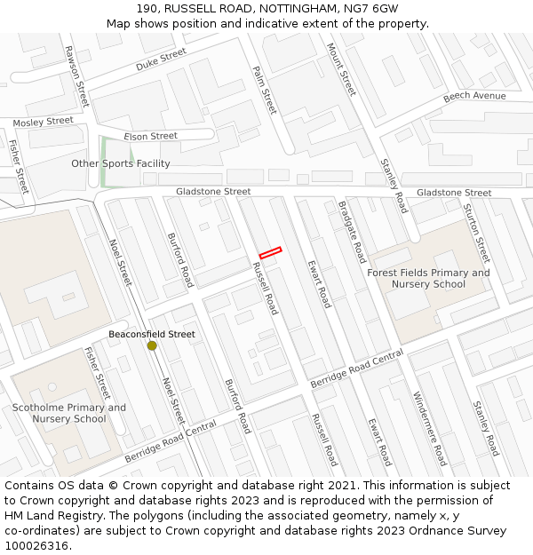 190, RUSSELL ROAD, NOTTINGHAM, NG7 6GW: Location map and indicative extent of plot