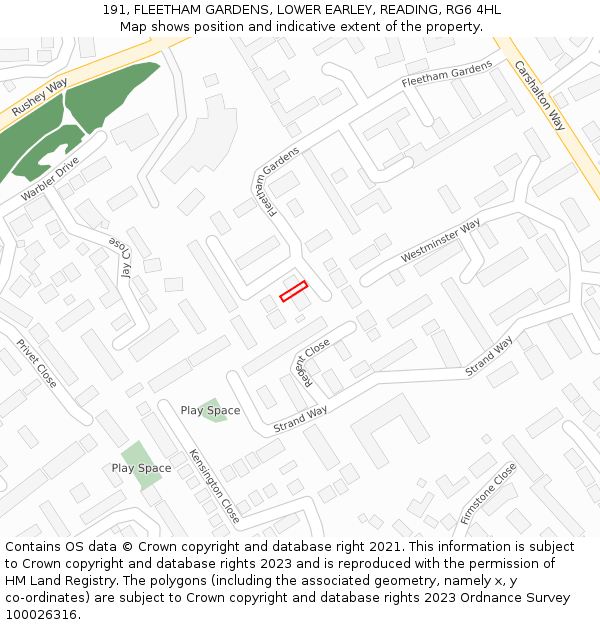 191, FLEETHAM GARDENS, LOWER EARLEY, READING, RG6 4HL: Location map and indicative extent of plot