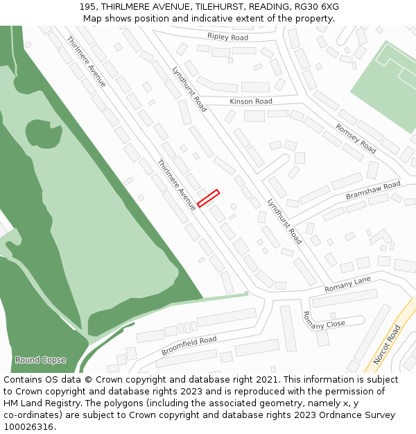195, THIRLMERE AVENUE, TILEHURST, READING, RG30 6XG: Location map and indicative extent of plot