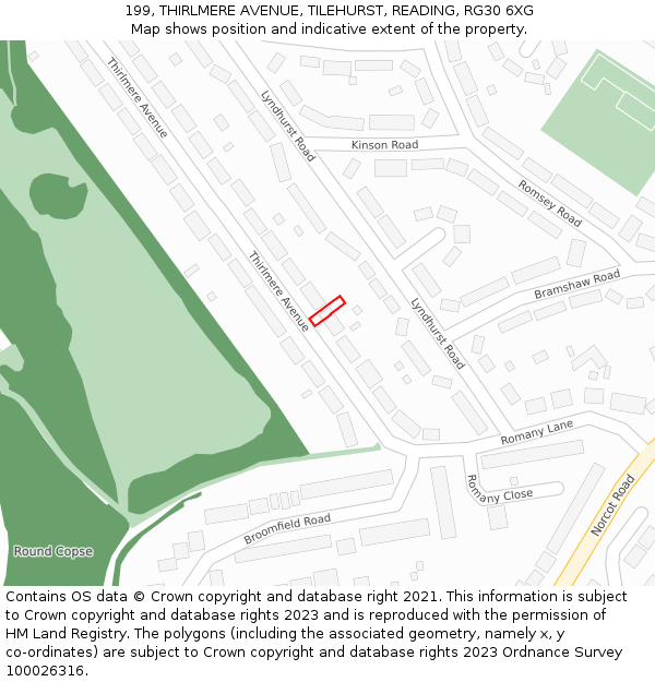 199, THIRLMERE AVENUE, TILEHURST, READING, RG30 6XG: Location map and indicative extent of plot