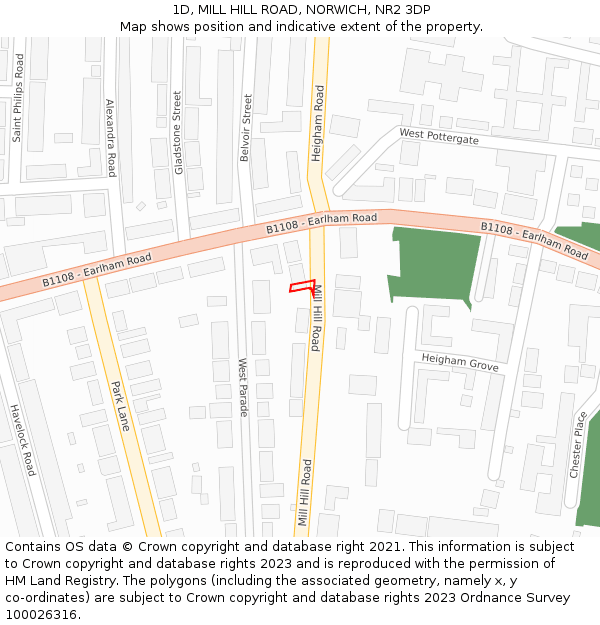 1D, MILL HILL ROAD, NORWICH, NR2 3DP: Location map and indicative extent of plot