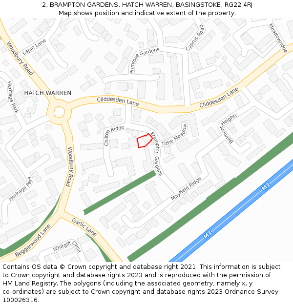 2, BRAMPTON GARDENS, HATCH WARREN, BASINGSTOKE, RG22 4RJ: Location map and indicative extent of plot