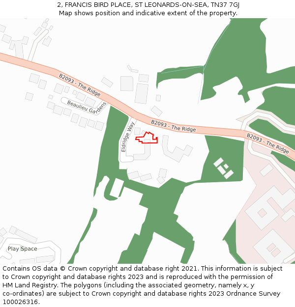 2, FRANCIS BIRD PLACE, ST LEONARDS-ON-SEA, TN37 7GJ: Location map and indicative extent of plot