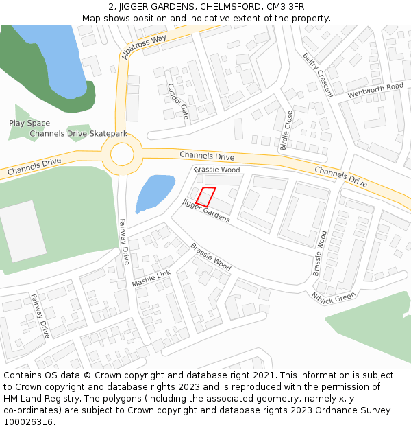 2, JIGGER GARDENS, CHELMSFORD, CM3 3FR: Location map and indicative extent of plot