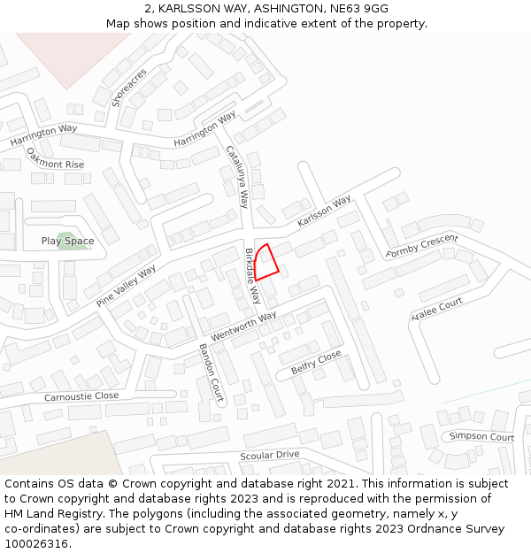 2, KARLSSON WAY, ASHINGTON, NE63 9GG: Location map and indicative extent of plot