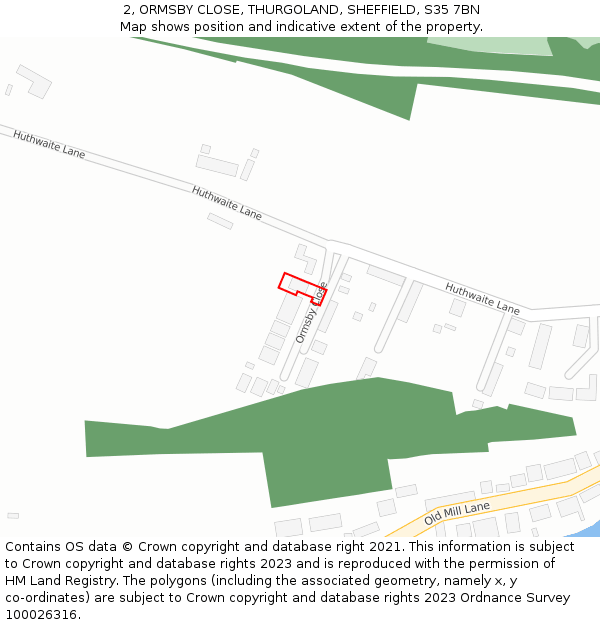 2, ORMSBY CLOSE, THURGOLAND, SHEFFIELD, S35 7BN: Location map and indicative extent of plot