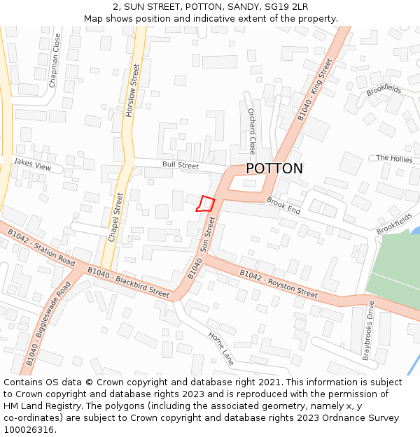 2, SUN STREET, POTTON, SANDY, SG19 2LR: Location map and indicative extent of plot