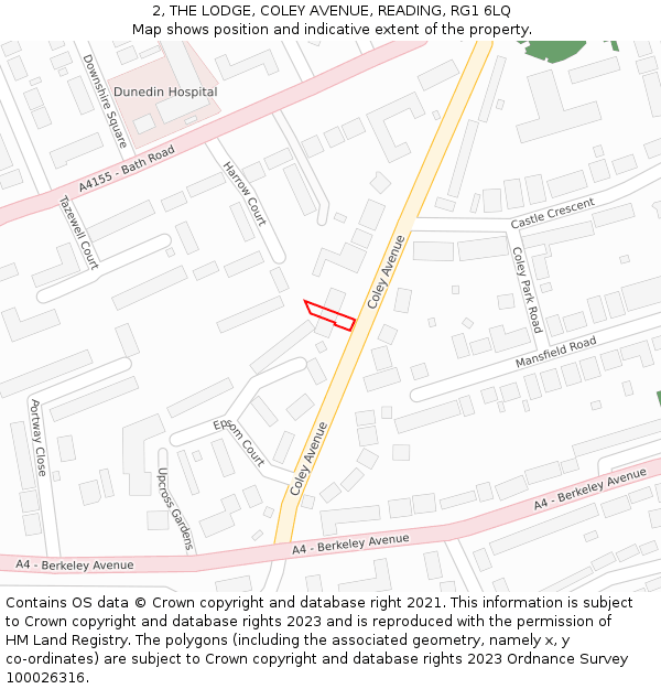 2, THE LODGE, COLEY AVENUE, READING, RG1 6LQ: Location map and indicative extent of plot