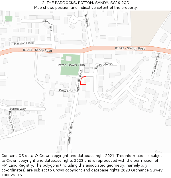 2, THE PADDOCKS, POTTON, SANDY, SG19 2QD: Location map and indicative extent of plot