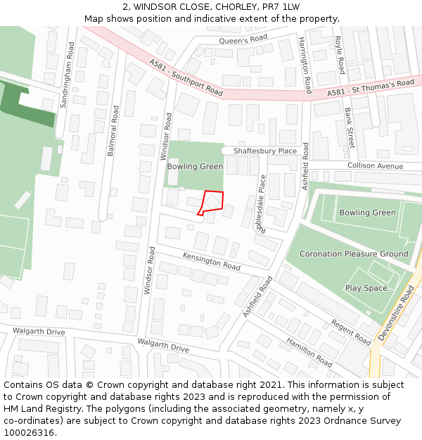 2, WINDSOR CLOSE, CHORLEY, PR7 1LW: Location map and indicative extent of plot