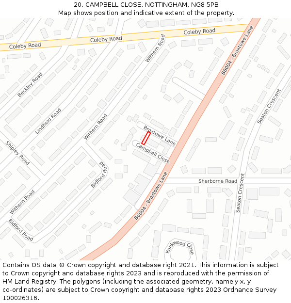 20, CAMPBELL CLOSE, NOTTINGHAM, NG8 5PB: Location map and indicative extent of plot