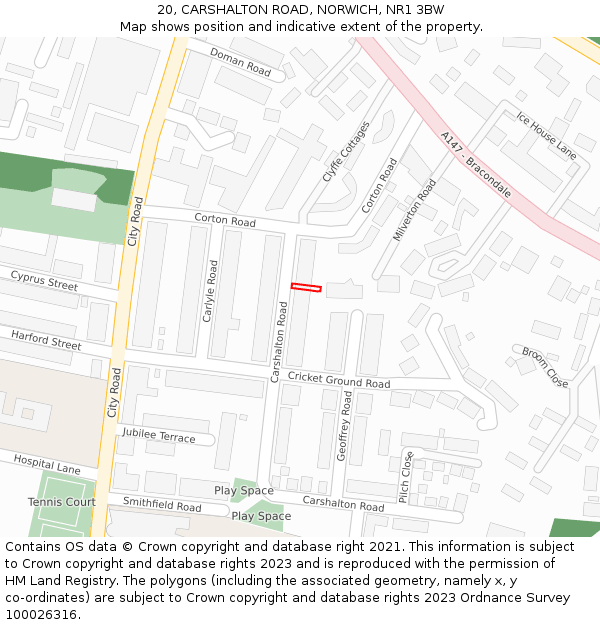 20, CARSHALTON ROAD, NORWICH, NR1 3BW: Location map and indicative extent of plot