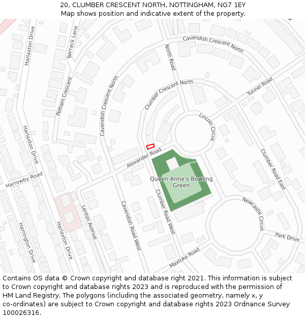 20, CLUMBER CRESCENT NORTH, NOTTINGHAM, NG7 1EY: Location map and indicative extent of plot
