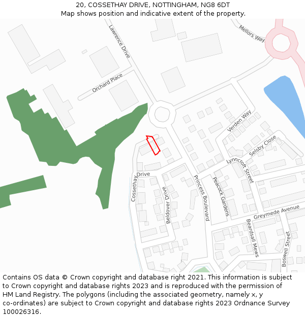 20, COSSETHAY DRIVE, NOTTINGHAM, NG8 6DT: Location map and indicative extent of plot